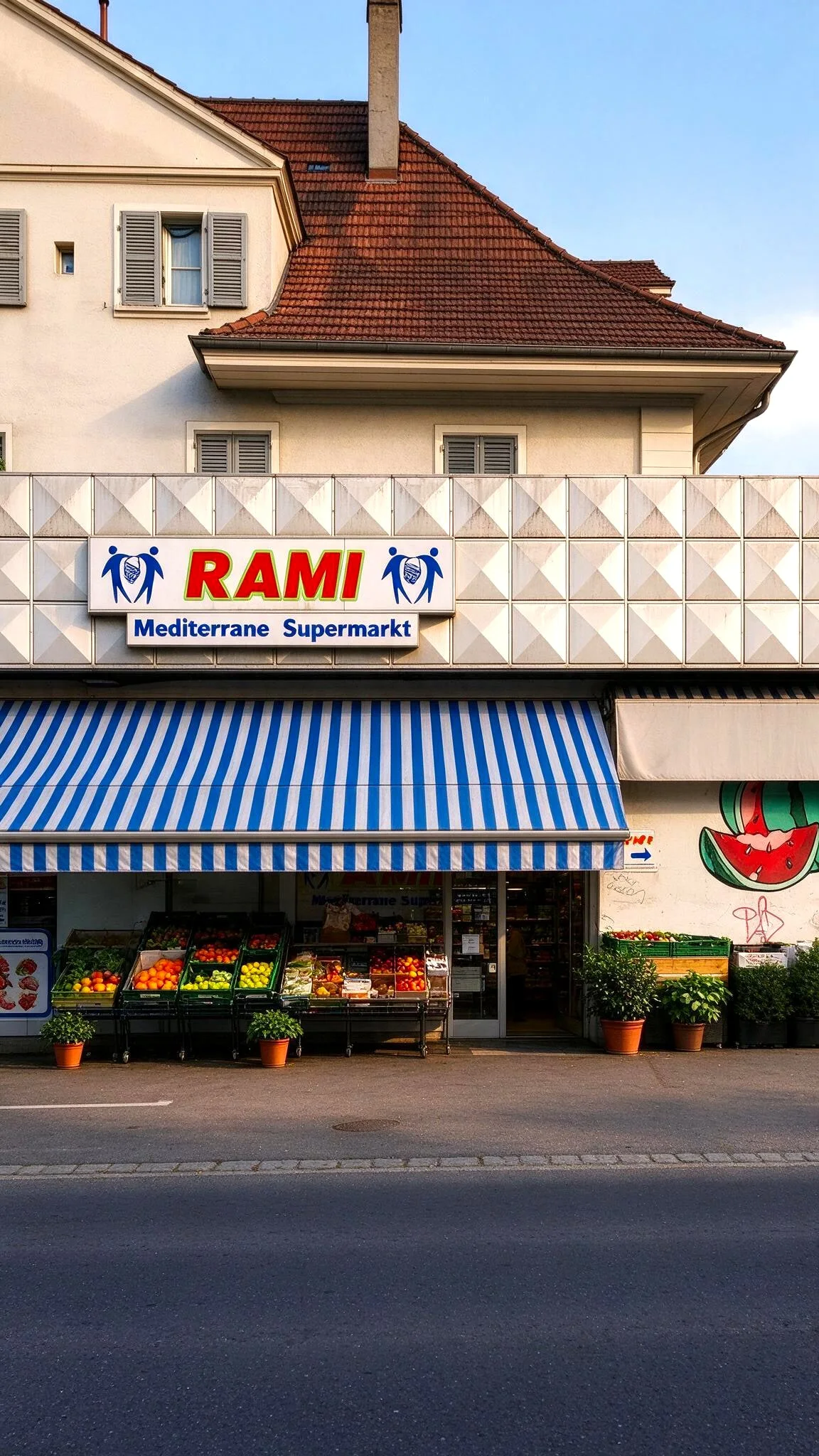 Eingangsbereich und Markise des Supermarkts in Köniz