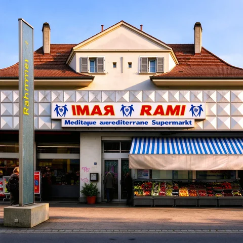 Aussenansicht des Supermarkts mit Markise